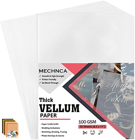 Vellum Paper 8.5 x 11 Translucent Printable - Pack of 50 - Tracing Paper for Drawing 100 GSM Printable Vellum Paper for Invitations - Transparent Paper for Envelopes, Sketching, Wedding Cards