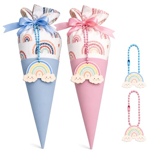 Scinzene Schultüte Klein 50 cm 2er Set Mädchen & Junge Mini Schultüten zum Befüllen aus Stoff Zuckertüte Mädchen Junge mit Regenbogen Holzanhänger Geschenktüte Einschulung Blau Rosa