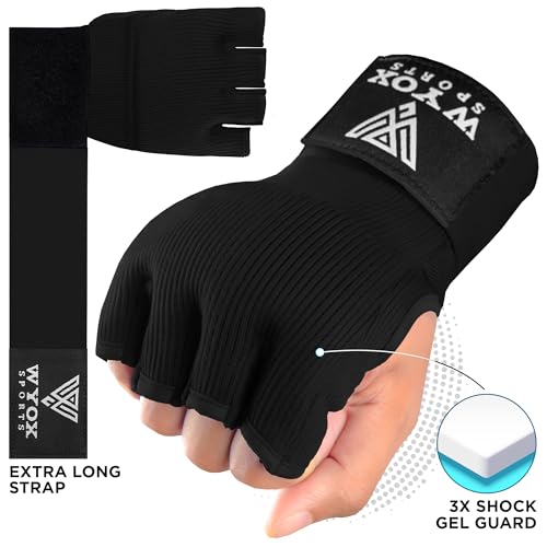 Image of WYOX Gel Boxing Hand Wraps Inner Gloves for Men & Women - 80cm /31inch Quick Wrist Strap, Padded Knuckle Support, Fingerless MMA Muay Thai Kickboxing Wraps for Training, Punching & Martial Arts