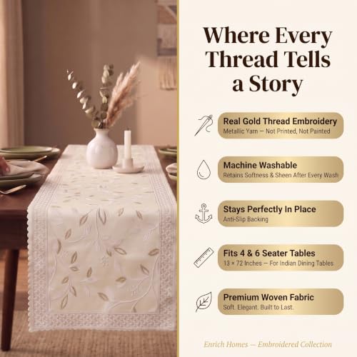 Image of Premium Embroidered Dining Table Runner 6 Seater | Washable Heat Resistant Fabric | Cotton-Silk Blend | Fits 4 & 8 Seater Dining Table | Centre Table Decor | 13 x 72 Inch | Ivory