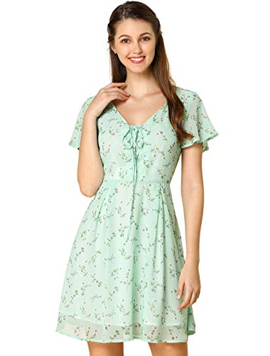 Allegra K Women's Floral Printed Spring Summer Flare Short Sleeve Lace-Up V Neck Chiffon Dress X-Small Light Green #TOP29