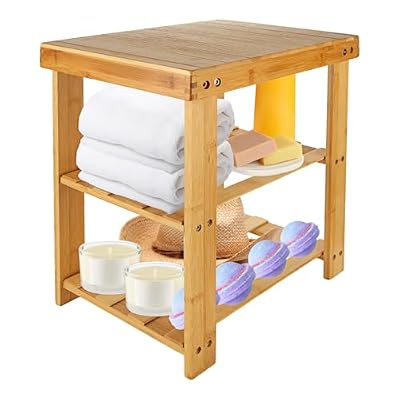 ASelected 16 Inch Bamboo Shower Stool Wood Shower Bench 3-Tier Waterproof Wooden Bamboo Foot Stool Seat Stool with Storage Shelf, Small Bench for Bathroom Living Room