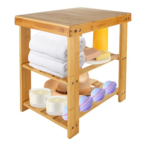 ASelected 16 Inch Bamboo Shower Stool Wood Shower Bench 3-Tier Waterproof Wooden Bamboo Foot Stool Seat Stool with Storage Shelf, Small Bench for Adults Bathroom Living Room