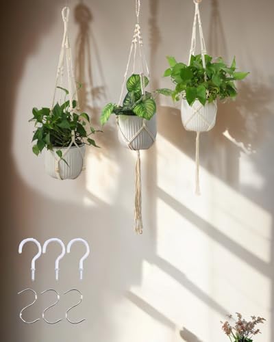 3 peças de cabide de macramê com 3 ganchos, vaso suspenso para de...