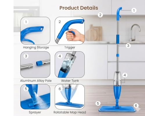 Image of Spray Mop for Floor Cleaning with Refillable Water Tank, Washable Microfiber Pad & Stainless Steel Handle | Flat Wet Mop for Tile, Marble, Wooden & Laminate Floors | Blue