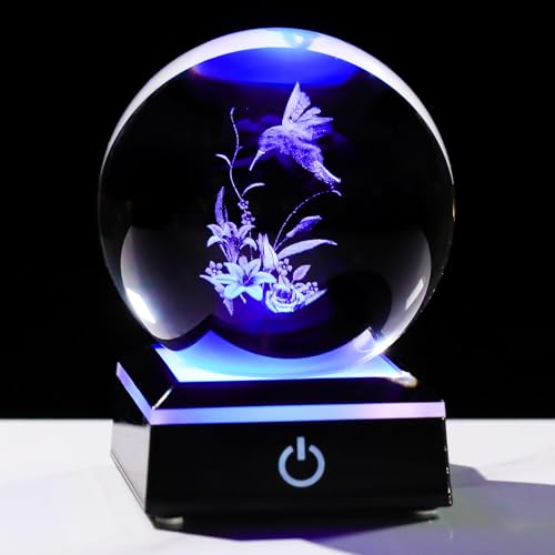 Image of Arikyrist 3D Hummingbird Crystal Ball Gifts for Women Men on Christmas Birthday, Laser Engraved Hummingbird Figurine with Light Base, Hummingbird Globe Glass Decorative Ball for Home Office (80mm)