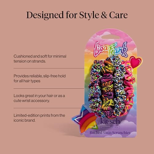 Image of Lisa Frank x Kitsch Ruched Satin Scrunchies for Women - Softer Than Silk Scrunchies | Hair Ties No Damage for Frizz-Free Sleep - Rainbow Leopard 4 pcs