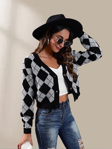 Image of Wowcarbazole Women's Knit Cardigan Sweaters Long Sleeve Argyle Open Front Button Down V Neck Cropped Coats Casual Trendy Tops(Grey Black-XL)