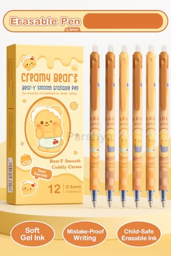 Image of KiddieWorld Creamy Beaar Erasable Gel Pens Set of 12 | 0.5 mm Fine Tip Blue Ink | Heat Erase Technology | Soft Grip | Cute Pens for Kids, Students & Office Use