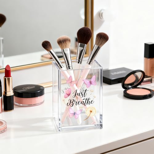 Image of Just Breathe Acrylic Cosmetic Organizer Pen Holder, Anxiety Relaxing Acrylic Desk Holder Cup for Pen Pencil, Dandelion Desk Organizer, Mental Health Office Gifts for Coworker Leader Friend