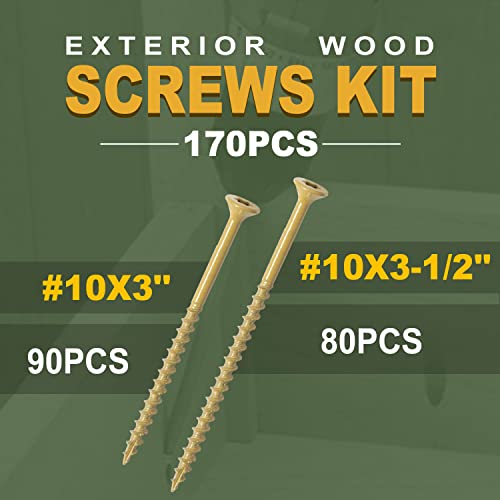 Image of LIONMAX Deck Screws Assortment Kits 170PCS, 2 Size Wood Screws Kits | #10 x 3 90PCS, #10 x 3-1 /2 inch 80PCS, Star Drive, Coarse Thread, Exterior Use, Self-Tapping, T25 Bit Included