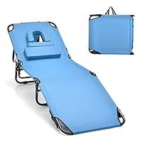 GIANTEX Opvouwbare bruiningsstoel met gezichts- en armgaten, 5-voudig verstelbare ligstoel voor buiten, met kussen en zijzak, robuuste campingstoel met schouderriem en handvat, blauw