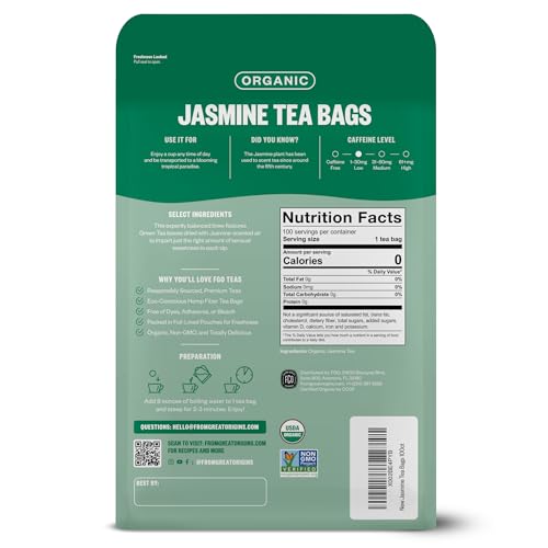 Image of FGO Organic Jasmine Green Tea, 100 Count, Eco-Conscious Tea Bags, Resealable Bag, Packaging May Vary (Pack of 1)