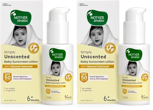 Image of Mother Sparsh Simply Unscented Mineral Baby Sunscreen with Natural Oatmeal -50g, with SPF 50 & UVA /UVB Protection | Fragrance Free Sunscreen for Babies with Sensitive Skin (Pack of 2)