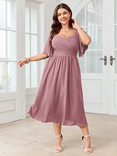 Image of SHESTARR Women's Plus Size Midi Dress Sweetheart Neck Short Sleeve Wedding Guest Cocktail A Line Flowy Dress