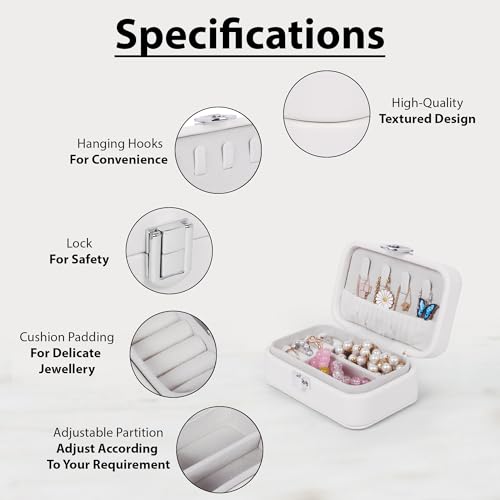 Image of BucketList PU Leather Jewellery Organizer Box with Ring Slots & Necklace Hooks | Compact Jewelry Storage Case with Secure Lock (Travel Jewellery Box Rectangular (White))