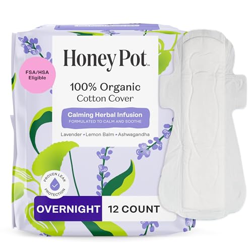 Image of Honey Pot Calming Overnight Sanitary Pads for Women - 100% Organic Cotton Top Sheet - Feminine Care - Non Cooling - Calming Herbs of Lavender, Ashwagandha, & Lemon Balm - 12ct