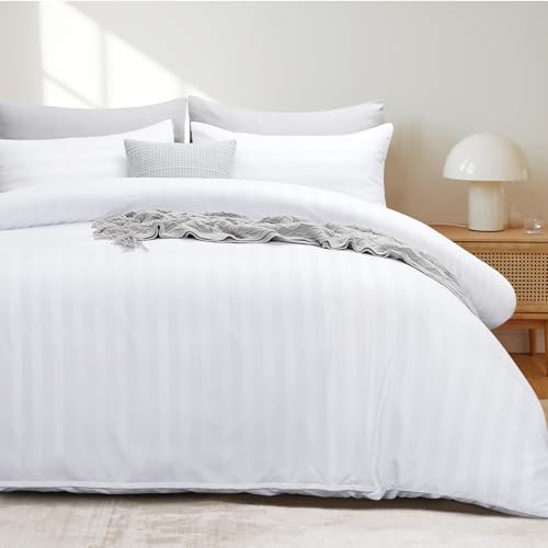 Tifschlaf White Satin Striped Bedding Double Bed, Duvet Cover Set including 2 Pillowcases, Soft Quilt Cover Duvet Set Zipped