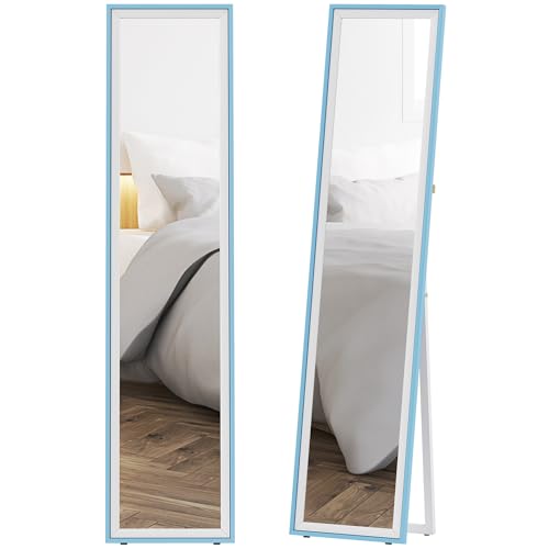 HOMCOM Espejo de Pie Cuerpo Entero 157x37 cm, Espejo Grande de Pared con Marco Bicolor, de Pie, Inclinado o Colgante, para Salón, Dormitorio, Pasillo, Entrada, Blanco y Azul