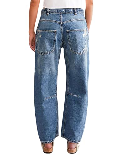 Barrel Jeans for Women Ripped Mid Rise Baggy Wide Leg Jeans Distressed Stretch Denim Pants Jeans with Pockets3