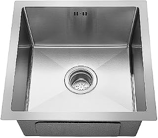 Youyijia Kitchen Sink Square Inset Stainless Steel Single Bowl Undermount Kitchen Sink with Drainer Waste for Utility Rooms Kitchens Bars Pubs 430mm x 430mm x 210mm