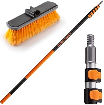 5-24 ft Long Telescopic Extension Pole with Medium Bristle Deck Scrub Brush - Composite Deck Cleaning Head & Vinyl Siding, Boat Scrub Brush, Roof Broom with Extension Pole