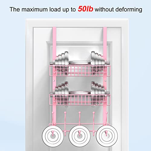 MILIJIA Coat Rack, Over The Door Hanger with Mesh Basket, Detachable Storage Shelf for Towels, Hats, Handbags, Coats (Pink-2 Baskets) thumbnail 5