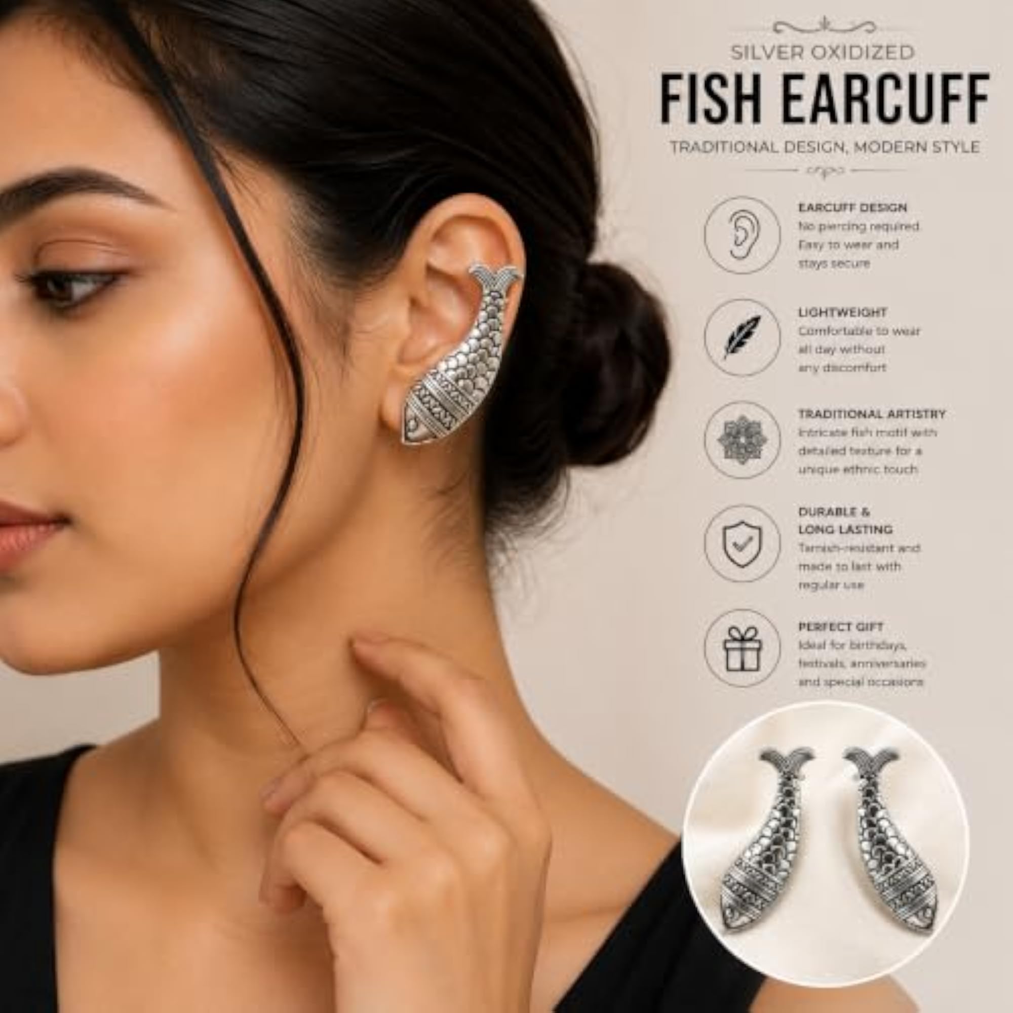 Women's Silver Oxidized Fish Ear Cuff Earrings, Traditional Design