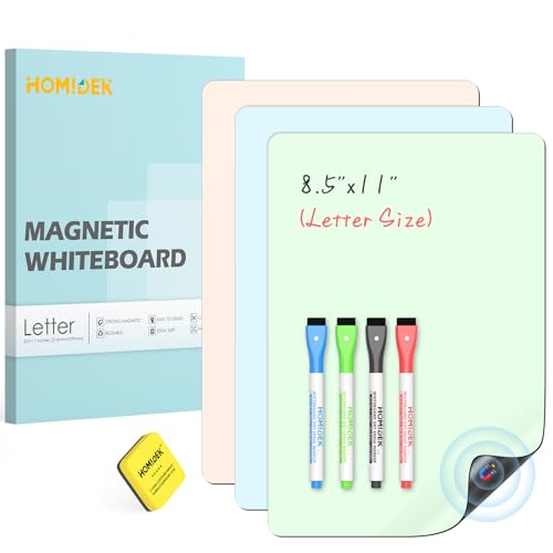 HOMiDEK Magnetic Dry Erase Board, 3 Colors Fridge Magnet White Board Sheet with 4 Markers & 1 Eraser, Reusable Blank Magnetic Whiteboard to Write On for Refrigerator, Locker, Cabinet, Door - 8.5 x 11