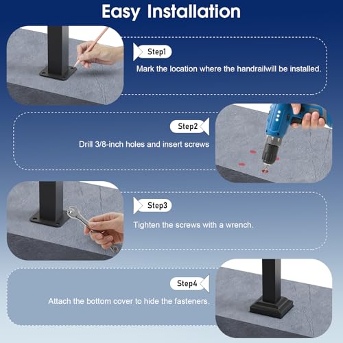 Outdoor Handrails for Steps, Stair Railing Kit for Concrete & Porch Steps, Adjustable Black Iron Hand Rail for Seniors, Easy Installation, Retro Arch Design (2 Pack-3 Steps) by VZNEK - Image 7