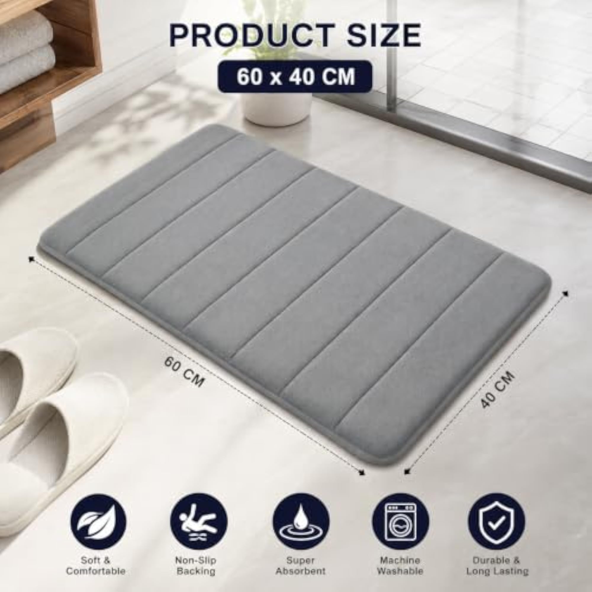 Memory Foam Bath Mat, Comfortable and Soft, 60 x 40 cm