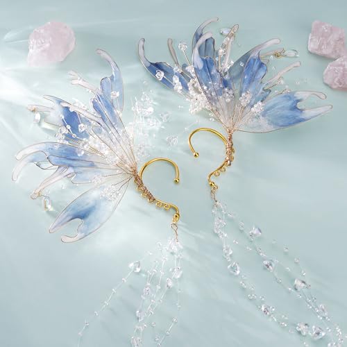 FRESHME Mermaid Elf Ear Cuffs - Fairy Ears Blue No Piercing Elven Ear Clips Wrap with Bead Tassel Auricular Fins Dress up Mermaid Renfaire Fantasy Renaissance Cosplay Party Costume Accessorie by FRESHME - Image 3