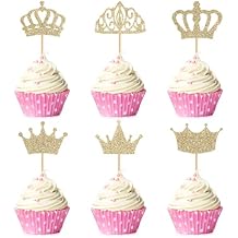 36 Pieces Glitter Crown Cupcake Topper Picks 6 Styles Princess Cake Decorations for Baby Shower Gender Reveal Birthday Party Supplies, Champagne Gold