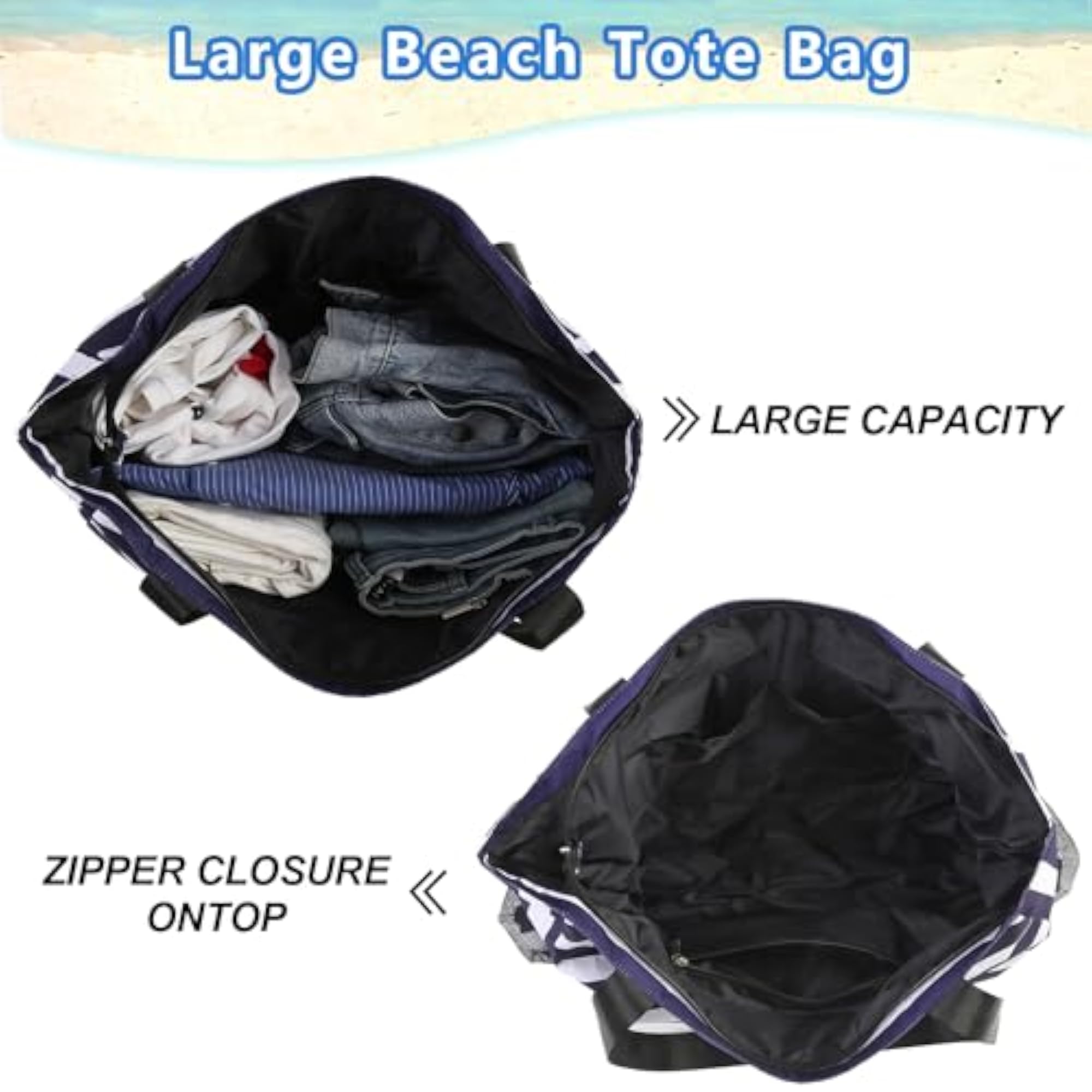 Women's Large Waterproof Beach Tote Bag with Zipper