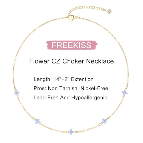 Freekiss Gold/Silver Necklace for Women, Dainty Chain Necklace 14K Gold Plated Station Choker Necklace Non Tarnish Small Cute Clover Flower CZ Diamond Necklaces Jewelry for Women Gifts4