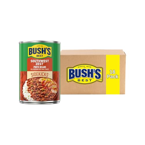 Bush’s Best Sidekicks Southwest Zest Pinto Beans, Ready to Heat Seasoned Pinto Beans for Rice Bowls, Tacos and Easy Meals, Medium Red Chile Sauce, 15 Ounce (Pack of 18)