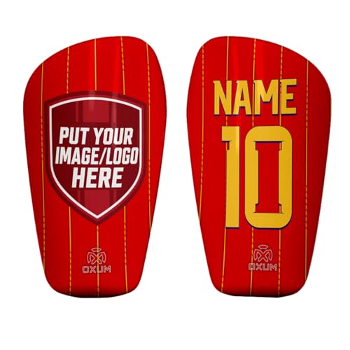Oxum Sport Espinilleras de Fútbol Países Personalizadas para niños y Adultos. Añade número, Escudo de selección o Imagen y Nombre. Incluye bolsita de Regalo. Gama Nation. (España)