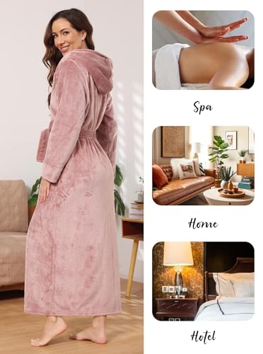 Image of Hellomamma Long Hooded Robe for Women Luxurious Flannel Fleece Full Length Bathrobe Winter Warm Pajamas Shower Nightgown