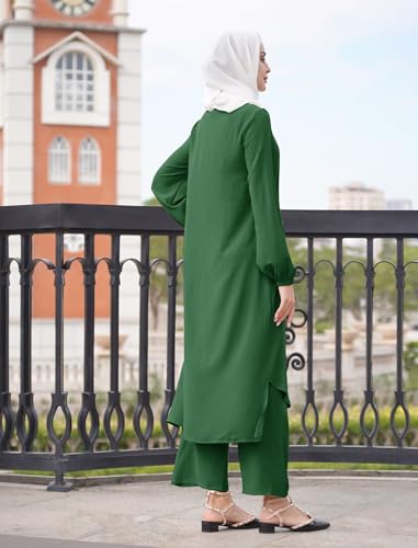 Image of IDOPIP Abaya Dress for Women Muslim Set Long Sleeve Chiffon Islamic Dress Shirt with Pants 2PCS Dubai Prayer Casual Clothes