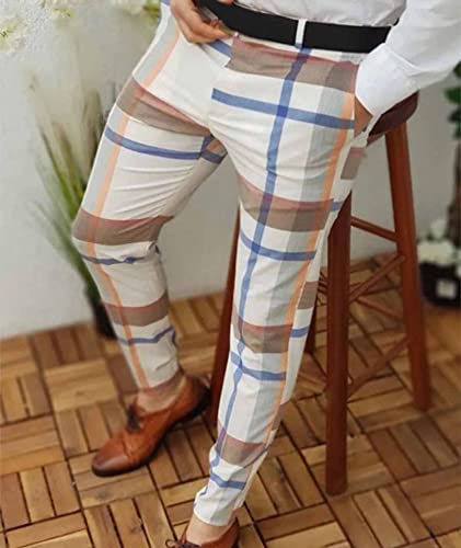 Mens Casual Plaid Stretch Flat-Front Skinny Pencil Pants Trousers Pocket for Business Party2