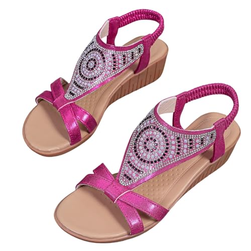 Rhinestones Wedge Sandals for Women Sparkly Elastic Band Slingback Sandals Dress Platform Shoes