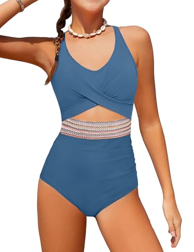 Image of Girls Swimsuit Criss Cross Cutout One Piece Bathing Suit Color Block V Neck Back Tie Swimwear 9-16Y