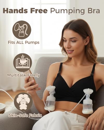Image of Pumping Bra Hands Free Adjustable V Neck Nursing and Pumping Bra with Nursing Pads Holding Breast Pumps