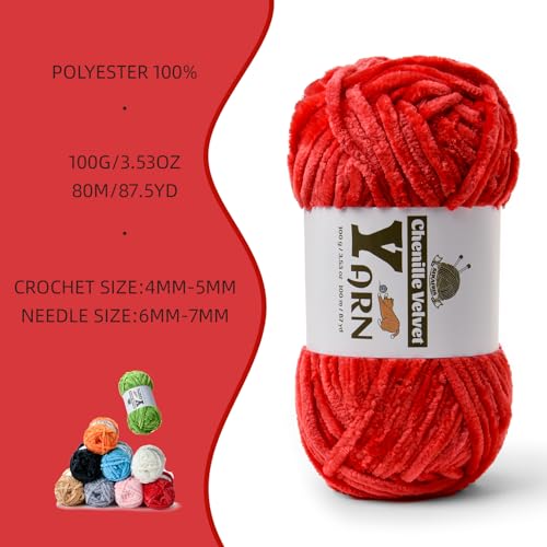 Image of 4 Pack Plush Chenille Chunky Yarn - Fluffy Velvet Yarn Crochet for Blanket Knitting and Crocheting - Soft Baby Yarns for Crocheting - Amigurumi Crochet Yarns 100g (87yds) (4 Red)