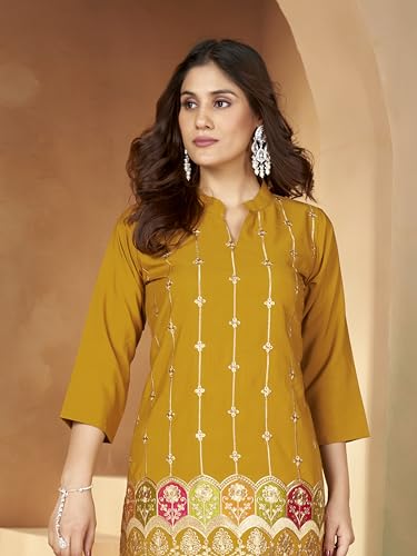 Image of Kurta Set for Women Silk Embroidered Straight Kurta Set for Women with Pant