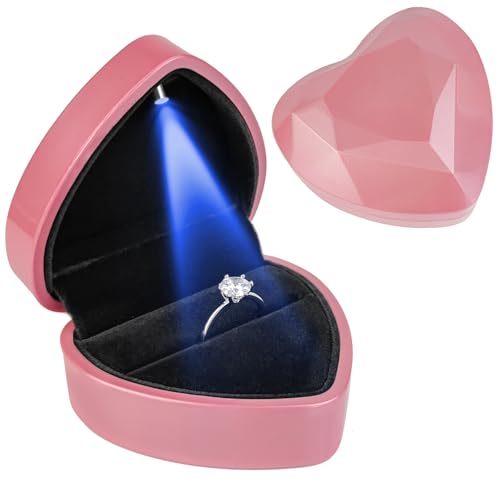 Image of Heart Ring Box with LED Light, Luxury LED Lighted Engagement Ring Box, Velvet Earrings Jewelry Case with Light, Jewelry Display Box for Wedding, Engagement, Proposal, Birthday and Anniversary-Pink