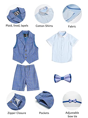 Image of LOLANTA Boys 4PCs Summer Suits, Short Suit Set for Wedding Ring Bearer Outfits Dress Clothes Vest Shirt Shorts Bow Tie