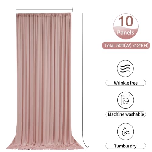 Image of 50ftx12ft Dusty Pink Backdrop Curtains for Parties, Wrinkle Free Polyester Dusty Pink Photo Backdrop Drapes 10 Panels 12 ft Long Back Drop Cloth for Wedding Birthday Photography Background Party