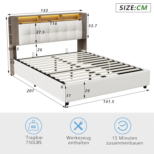 PerGar Bett 140x200, Doppelbett Polsterbett Funktionsbett mit LED-Beleuchtung und Kabelloses Laden, Kopfteil mit Stauraum, Bettgestell Stauraumbett mit Lattenrost, Samt, Ohne Matratze, Cremefarben – Bild 3
