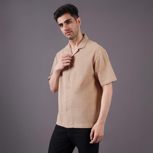 Image of Urban Scottish Men's Shirt, Cotton Dobby, Half Sleeve Oversized Fit, Soft Breathable Fabric, Lightweight Casual Summer Shirt, Stylish Relaxed Wear Khaki